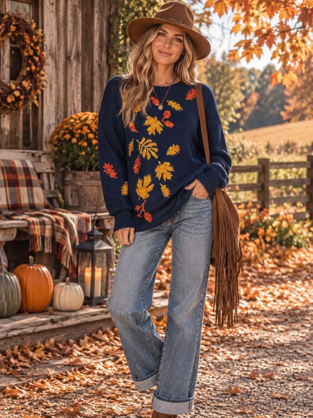 Coldwater Creek Fall Leaves Navy Blue Knit Sweater